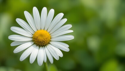 Fototapeta premium “Beautiful White Daisy Flower with Yellow Center in Full Bloom, Macro Close-Up of Fresh Chamomile or Daisy Blossom Isolated Against Soft Green Blurred Background, Spring Nature and Floral Beauty Conce
