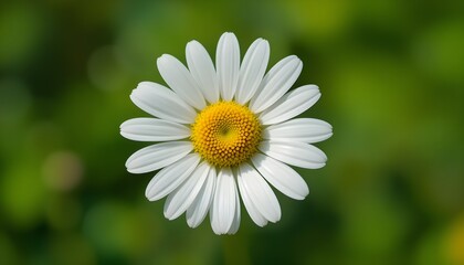 Obraz premium “Beautiful White Daisy Flower with Yellow Center in Full Bloom, Macro Close-Up of Fresh Chamomile or Daisy Blossom Isolated Against Soft Green Blurred Background, Spring Nature and Floral Beauty Conce
