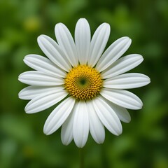 Obraz premium “Beautiful White Daisy Flower with Yellow Center in Full Bloom, Macro Close-Up of Fresh Chamomile or Daisy Blossom Isolated Against Soft Green Blurred Background, Spring Nature and Floral Beauty Conce
