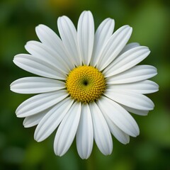 Fototapeta premium “Beautiful White Daisy Flower with Yellow Center in Full Bloom, Macro Close-Up of Fresh Chamomile or Daisy Blossom Isolated Against Soft Green Blurred Background, Spring Nature and Floral Beauty Conce