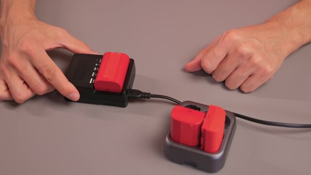 Battery change process. Demonstration of battery swap technique on table. Practical scene illustrating methodical battery exchange and equipment setup for photography