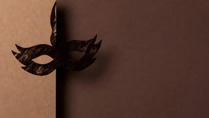 Black carnival mask emerging from shadowed background with dramatic lighting, symbolizing Purim tradition, mystery, hidden identity, theatrical celebration, and symbolic Jewish holiday concept
