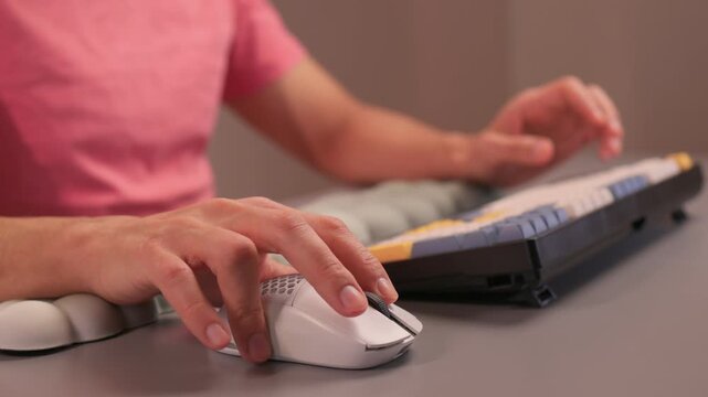 Keyboard setup showcase, Ergonomic mechanical keyboard display, Closeup of tactile switches on custom keyboard, Designer testing pastel keycaps with ergonomic wrist cushion setup