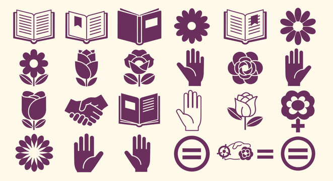 A grid of purple icons depicting books, flowers, hands, and equality symbols, with an equation showing a flower plus a vehicle equals equality.
