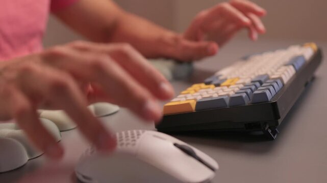 Keyboard setup showcase, Ergonomic mechanical keyboard display, Closeup of tactile switches on custom keyboard, Designer testing pastel keycaps with ergonomic wrist cushion setup