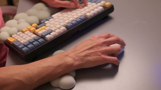 Keyboard setup showcase, Ergonomic mechanical keyboard display, Closeup of tactile switches on custom keyboard, Designer testing pastel keycaps with ergonomic wrist cushion setup