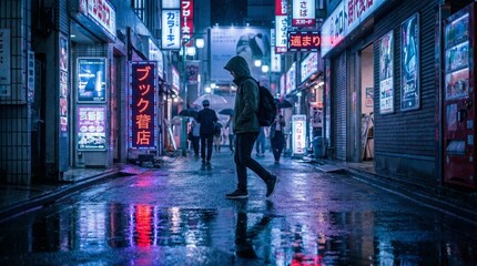 Lone Figure Walking Down Wet City Alley Illuminated by Neon Signs at Night