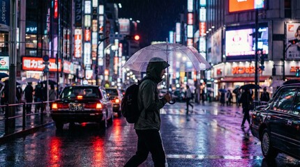 Pedestrian with Umbrella Crossing Busy City Street at Night in Neon Rain