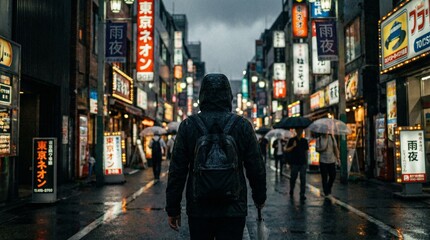 Solitary Figure Walking Down Neon Lit City Street on a Rainy Evening