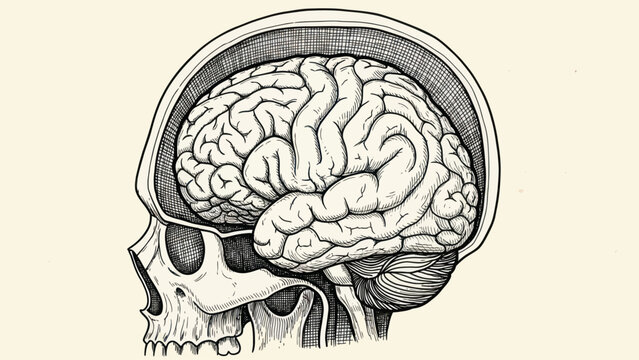 Detailed anatomical illustration of human skull and brain side view.