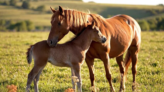 Brown mare and foal grazing in green meadow.