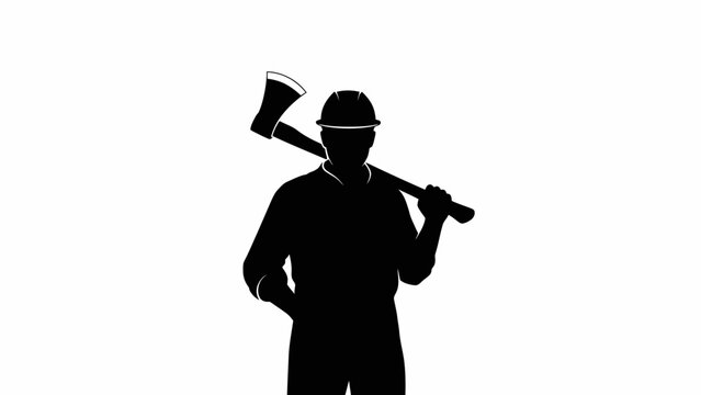Silhouette of a lumberjack with an axe on his shoulder against a white background.