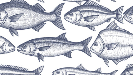 Detailed Hand-Drawn Fish Pattern Showcasing Various Aquatic Species.