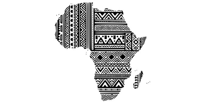 Minimalist black African map with tribal ethnic patterns silhouette vector icon
