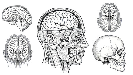 Detailed Human Head and Brain Anatomy Illustrations Set. © dada