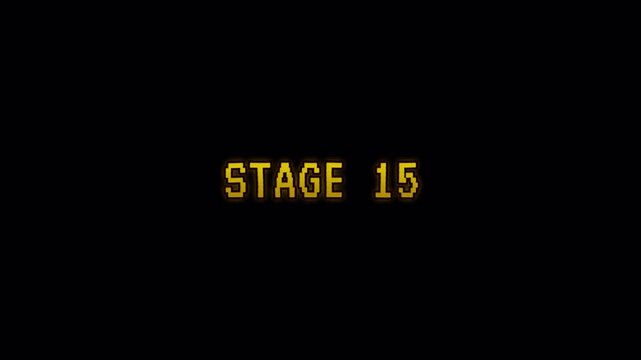 Stage 15 retro pixel gaming level progression suitable for video game intros, level transitions, retro gaming themes, or achievement displays.
