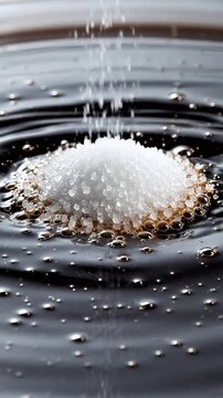 Granulated sugar crystals dissolving in dark liquid with tiny bubbles forming around them