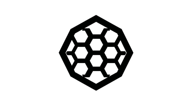 A black geometrical shape featuring multiple hexagonal cells within a dodecagon outline