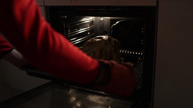 Raw pork knuckle placed into oven on baking tray home cooking process preparation before roasting dinner meal