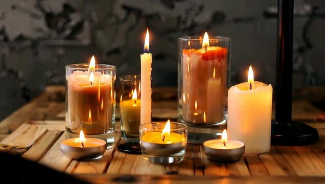 Candlelight Dinner Mood With Candles On Wooden Table Video.