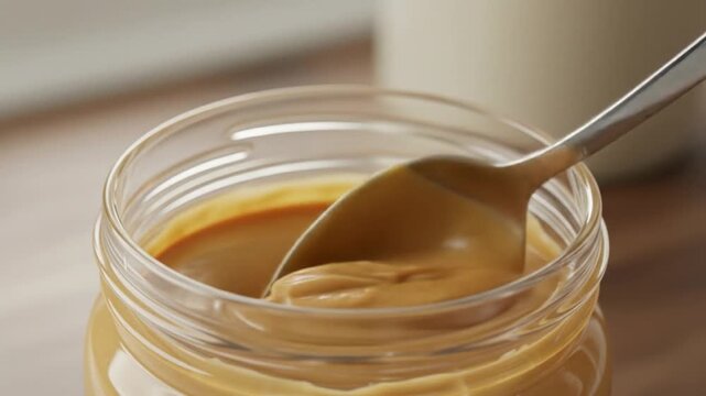 A close-up of a glass jar filled with creamy caramel sauce, a metal spoon dipped inside, on a wooden table. Perfect for desserts, baking, and recipe content.