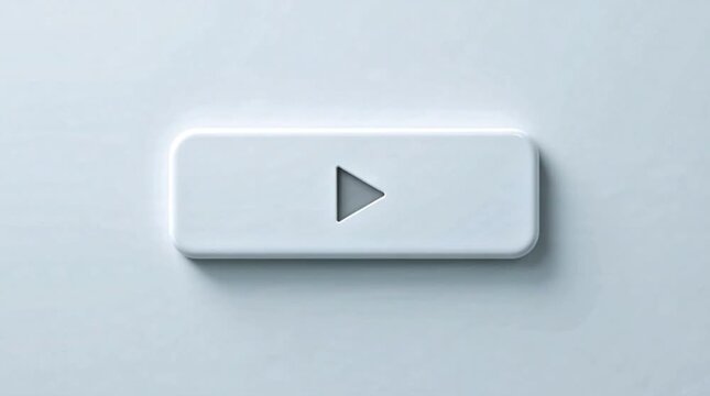White 3D render play button icon with subtle shadow on light background, UI element, web design component, video player control