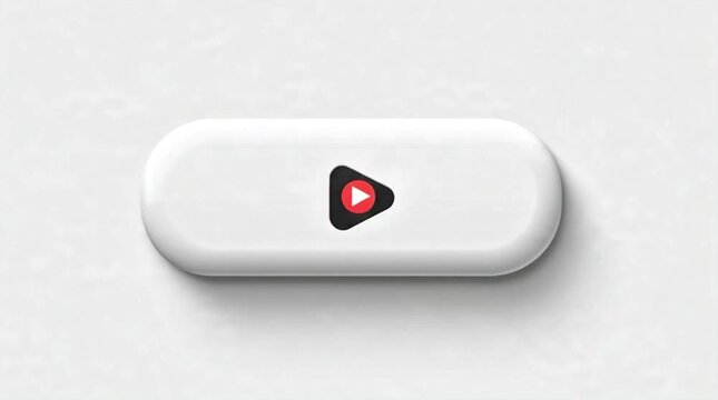 White oval play button icon with red triangle on light gray background, 3D render, UI element, video player control