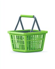 Fototapeta premium Bright green shopping basket with a gray handle, isolated on a white background