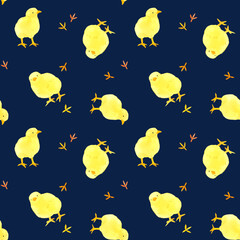 かわいいひよこ＆足跡のシームレスパターン　鳥の手描き水彩イラスト背景素材 © 一色いっさ