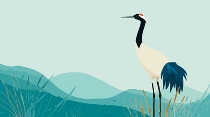 Obraz premium A serene illustration features a crane in nature, amidst stylized hills and vegetation