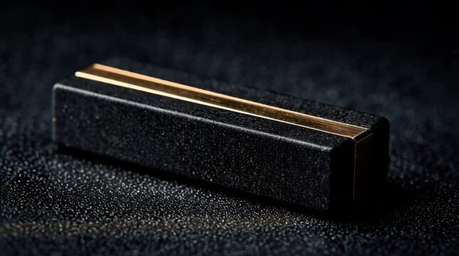 Dark textured rectangular block with two parallel gold metallic stripes, luxury minimalist design element on black background