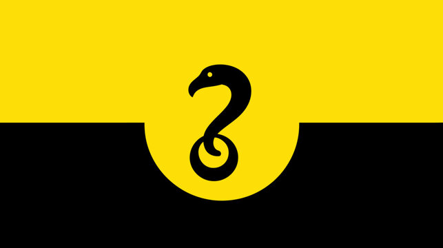 A geometric flag design with three horizontal bands of black and yellow, featuring a serpent