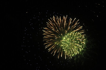 a yellow and green fireworks in the sky