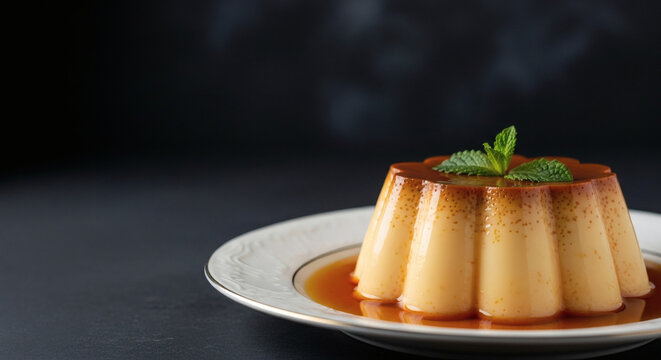 Brazilian caramel flan pudding (pudim), elegant plate, dark background, copy space