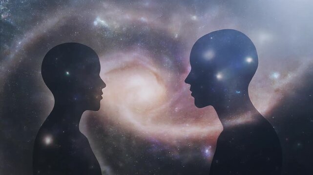 Two cosmic human silhouettes facing each other against a swirling galaxy background, representing consciousness and universal connection.
