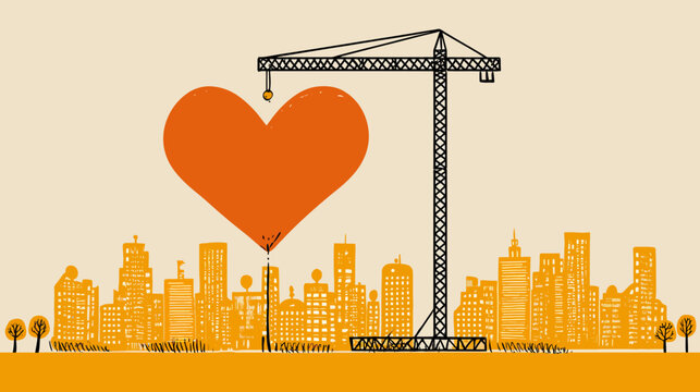 Illustration of a city skyline with a large orange heart and construction crane
