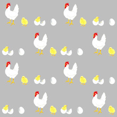 卵・ひよこ・ニワトリのシームレスパターン　鳥の手描き水彩イラスト背景素材