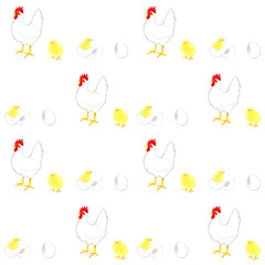 卵・ひよこ・ニワトリのシームレスパターン　鳥の手描き水彩イラスト背景素材 © 一色いっさ