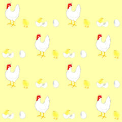 卵・ひよこ・ニワトリのシームレスパターン　鳥の手描き水彩イラスト背景素材 © 一色いっさ