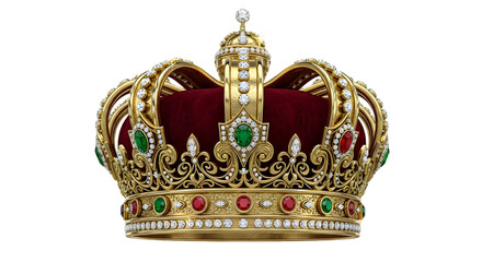 Fototapeta premium Ornate Golden Crown with Jewels Regal Crown: Velvet Interior and Gem Embellishments Luxurious Royal Crown in Studio Light