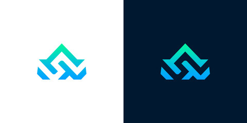 Abstract geometric water drop logo design with gradient colors on white and dark backgrounds, representing fluidity and innovation