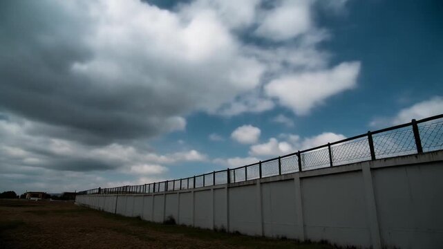 A long concrete wall topped with a metal fence under a cloudy blue sky.