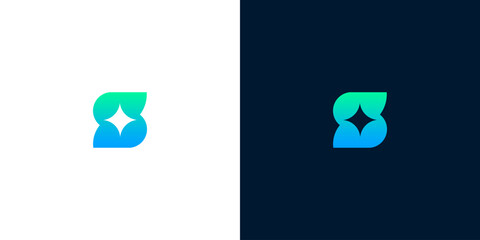 Dynamic abstract letter 'S' logo design featuring a radiant sparkle element and a smooth blue-green gradient, presented in both bright and dark aesthetic versions for adaptable branding solutions