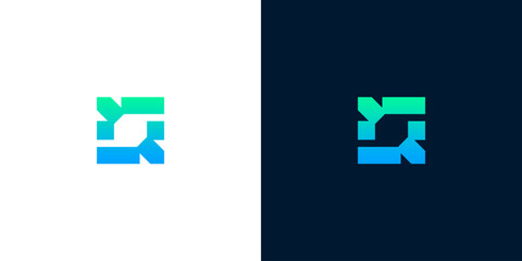 Modern abstract square logo design with gradient blue and green colors on white and dark background, digital art, minimal geometric shape