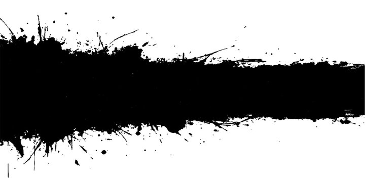 Abstract grunge background featuring black ink splat and paint splatter textures with spray stains and a liquid drip element on a vector border design