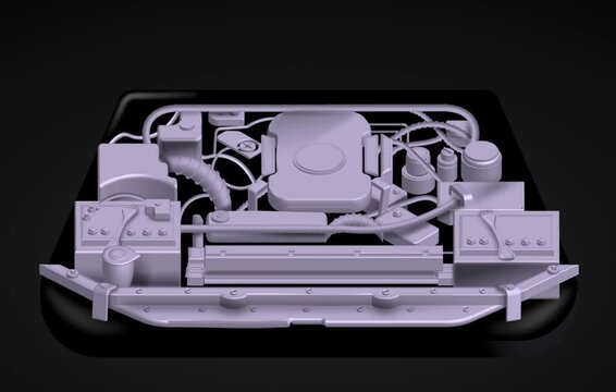 Motion graphics of the car engine components inside the compartment
