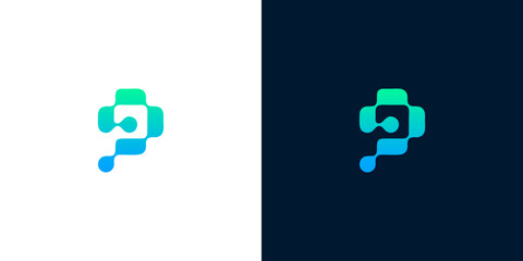 Obraz premium Abstract technology logo in blue and green, symbolizing connection and innovation