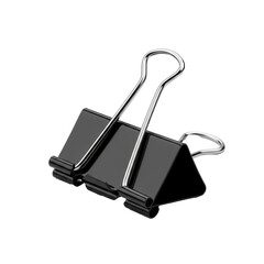 A single high-gloss black binder clip with polished silver handles on a transparent background with soft shadow and copy space. Professional business tool concept