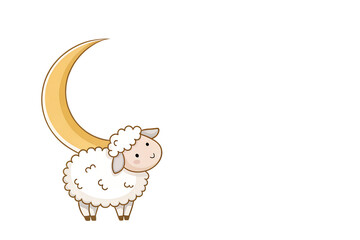 Cute sheep with a crescent moon for Eid al-Adha greeting card