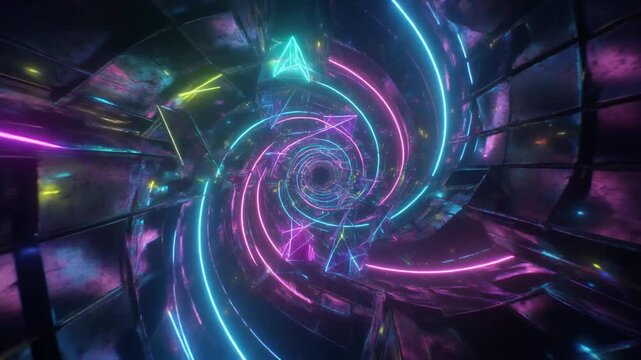 Vibrant neon light tunnel with a futuristic abstract spiral design, creating an immersive glowing geometric pathway, perfect for modern digital backgrounds